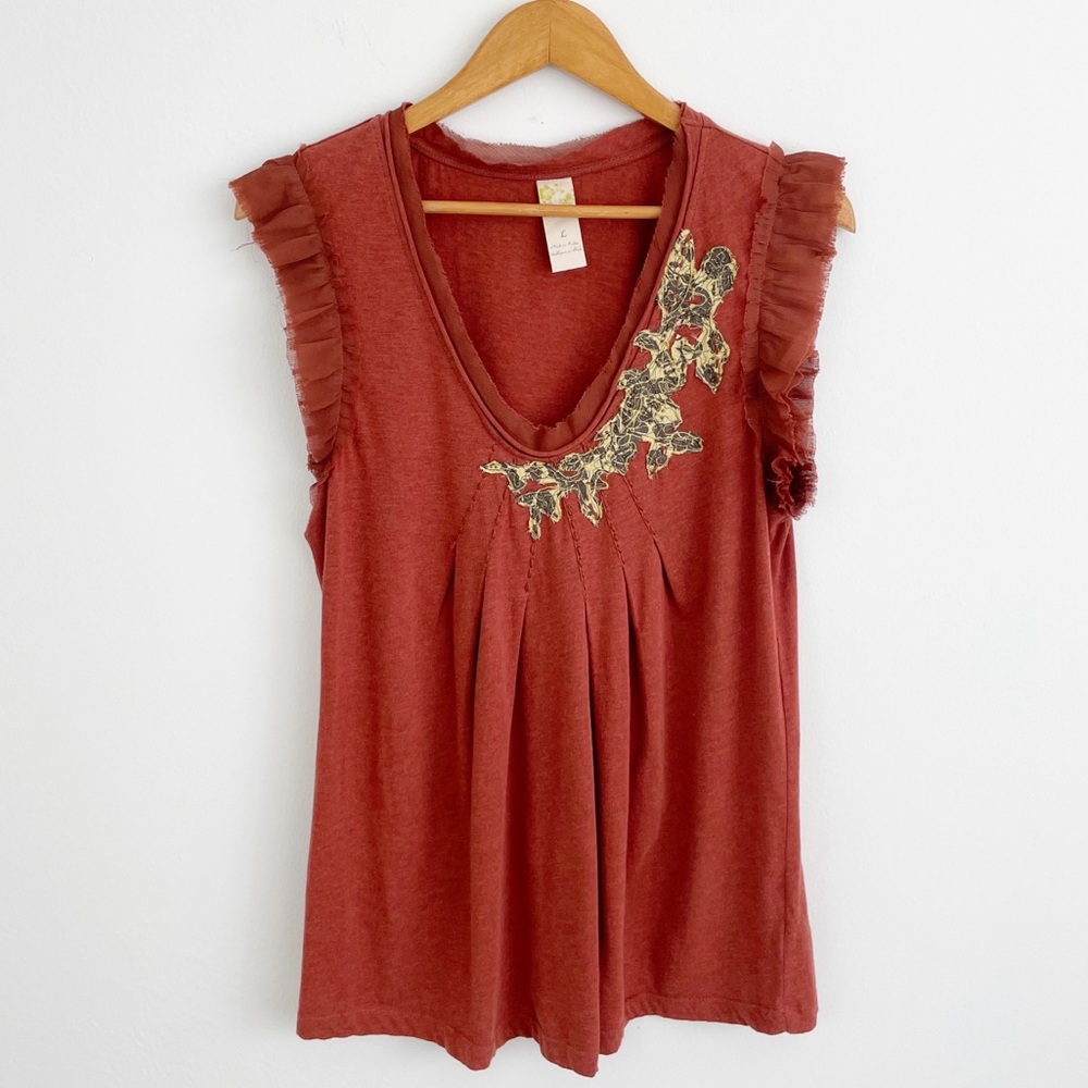 Anthropologie Rust Red Sleeveless V-Neck Top with Floral Applique